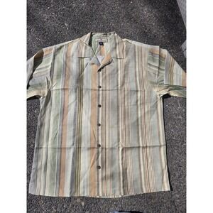 Tommy Bahama Yellow Light Green Stripe 100% Silk Hawaiian Aloha Shirt M